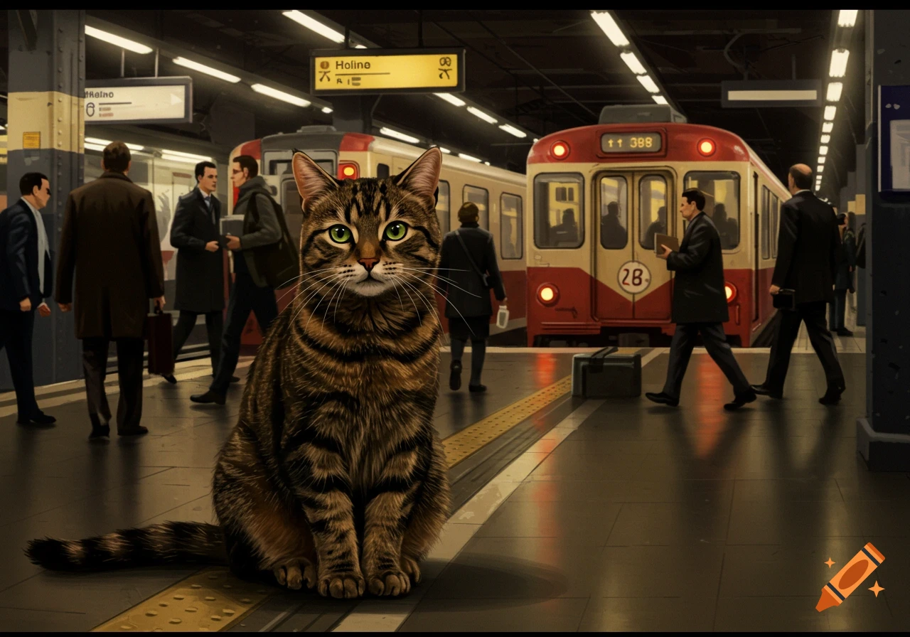 A dark brown tabby cat with green eyes sits on a bustling train platform, with people and trains in the background.