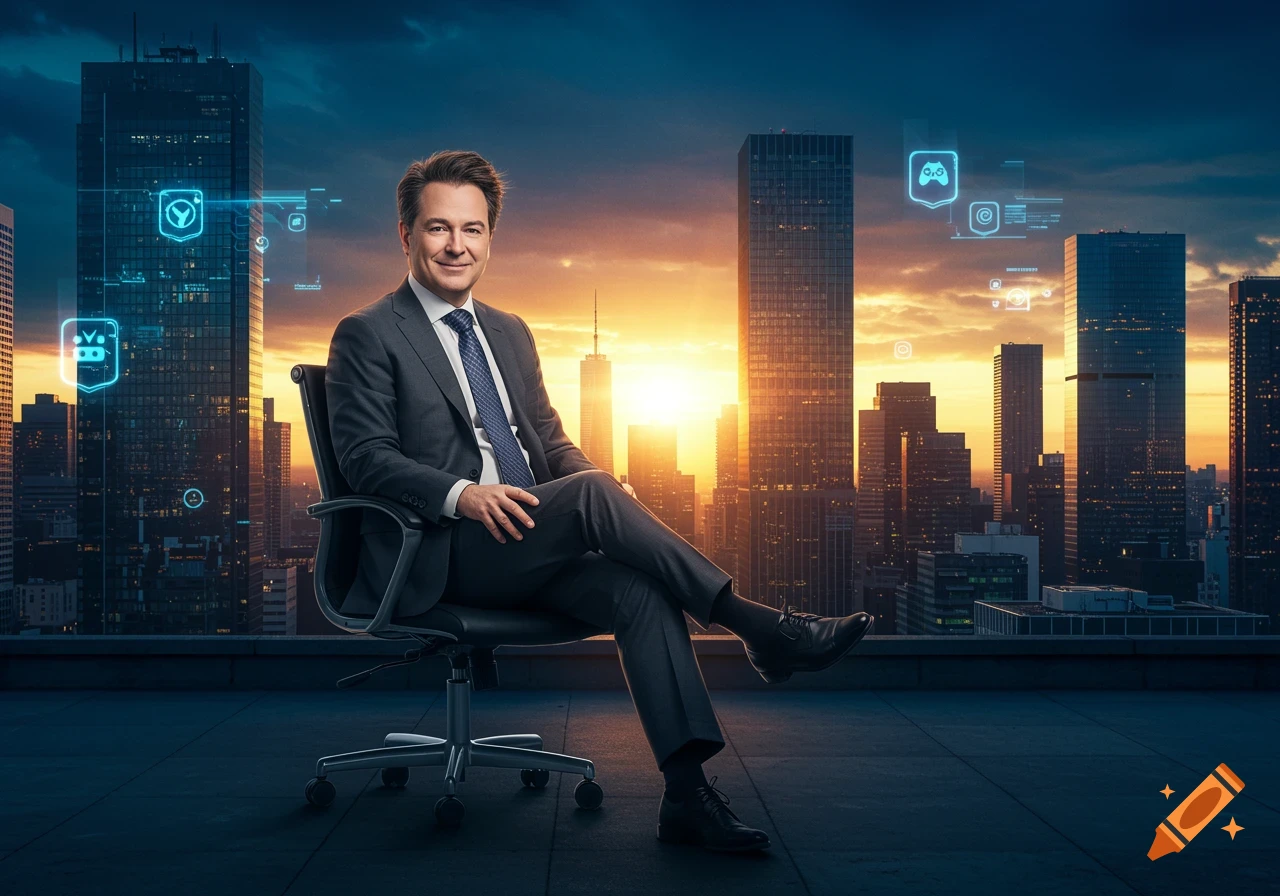 A smiling man in a suit sits on an office chair on a rooftop overlooking a city skyline at sunset, with holographic tech icons.