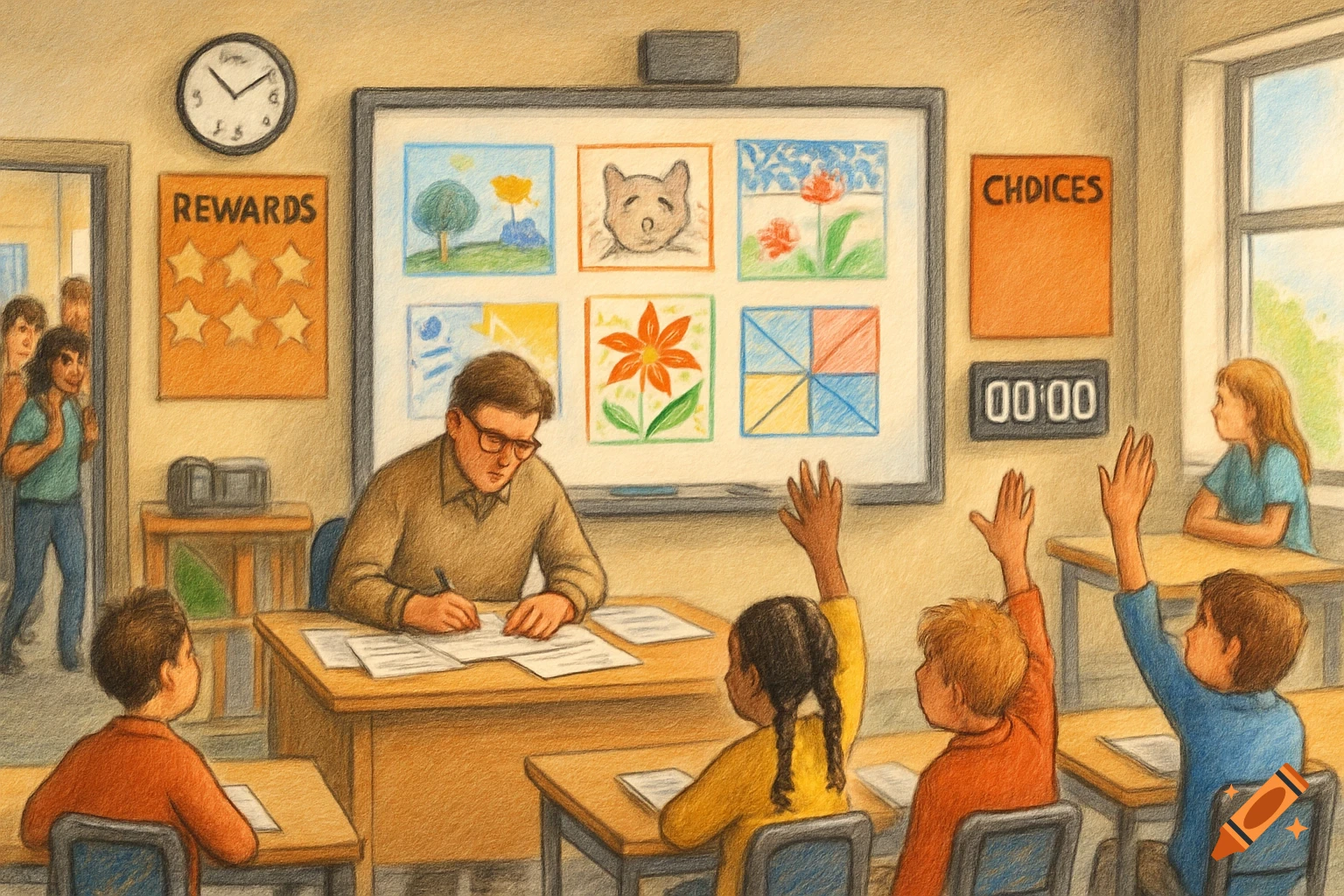 A colorful illustration of a classroom with a male teacher writing at his desk, students with raised hands, and posters on the wall.