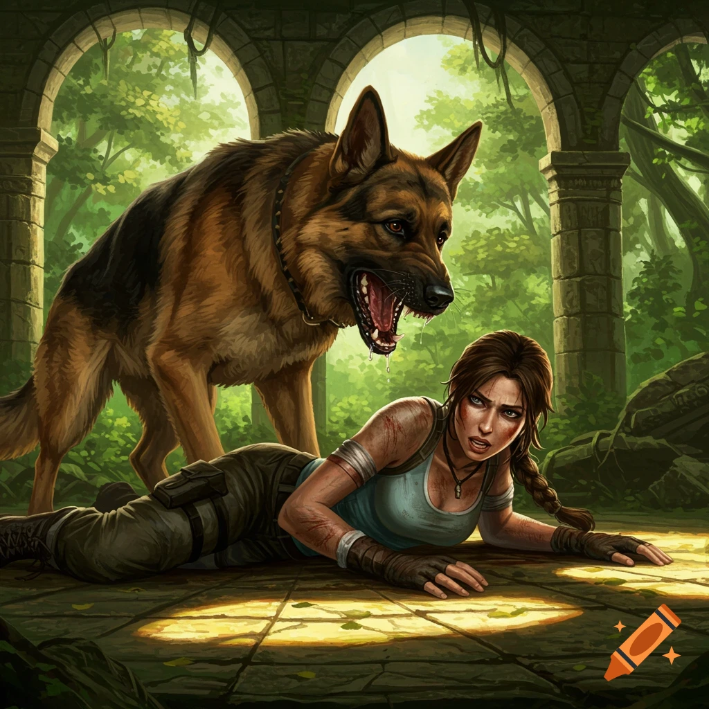 Lara Croft lies on the ground in ancient ruins as a snarling German Shepherd looms over her, jaws open.