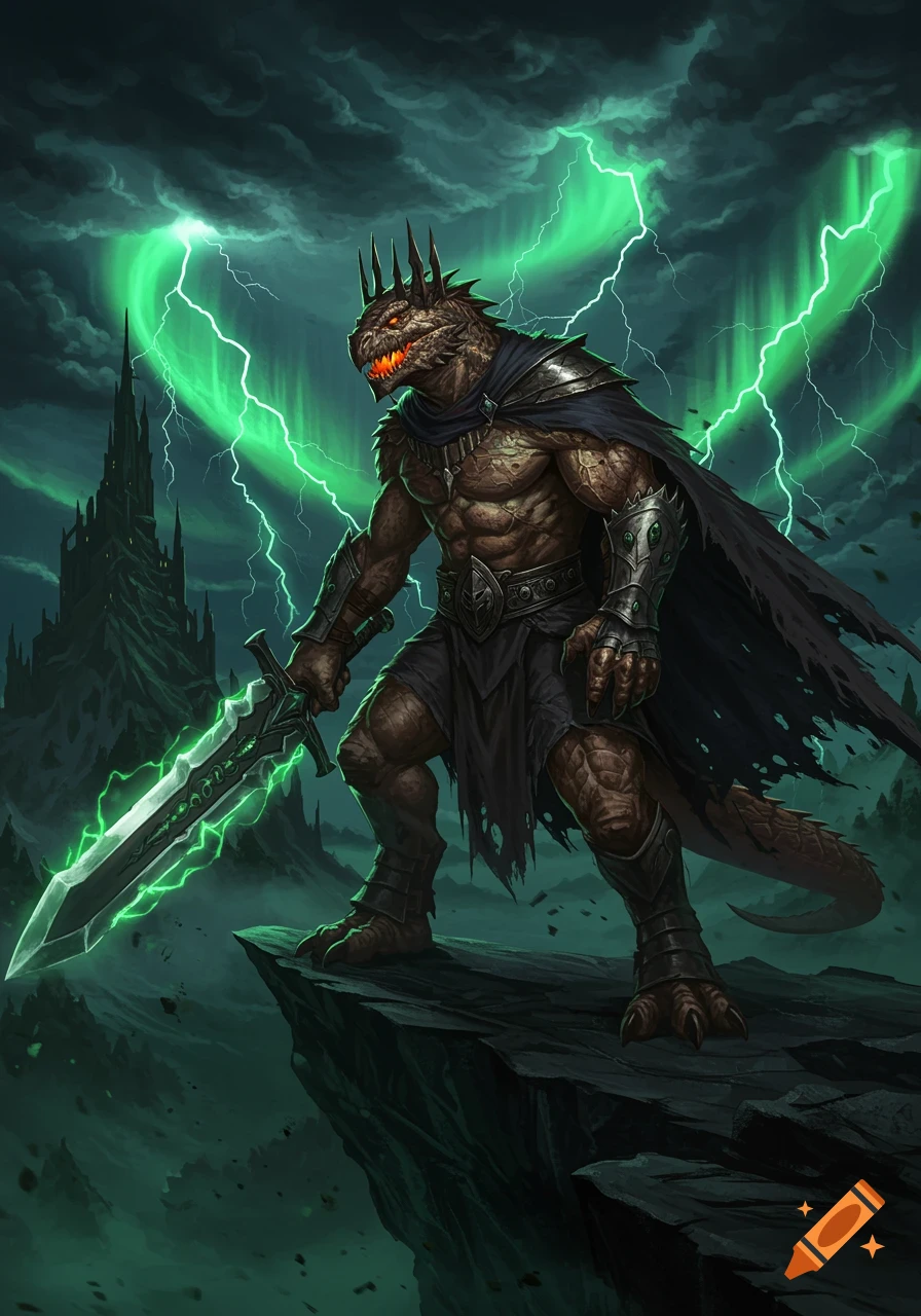 A crowned reptilian monster king with a glowing green sword stands on a cliff under a stormy sky with green lightning and a dark castle.
