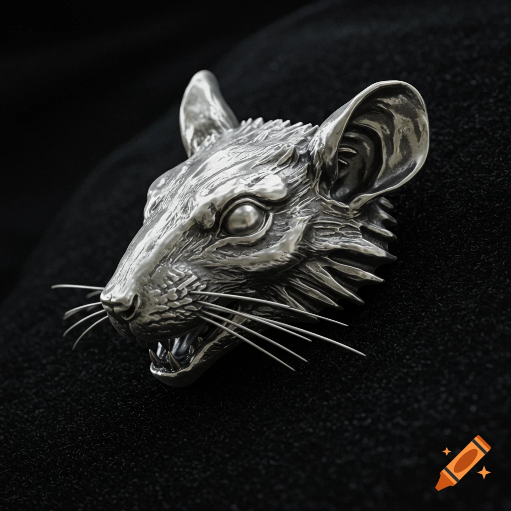 Detailed polished silver mouse head sculpture with intricate features on a dark background.