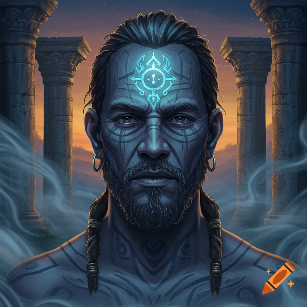 Fantasy portrait of a blue-skinned man with tattoos and a glowing forehead symbol, ancient pillars and mist in background.