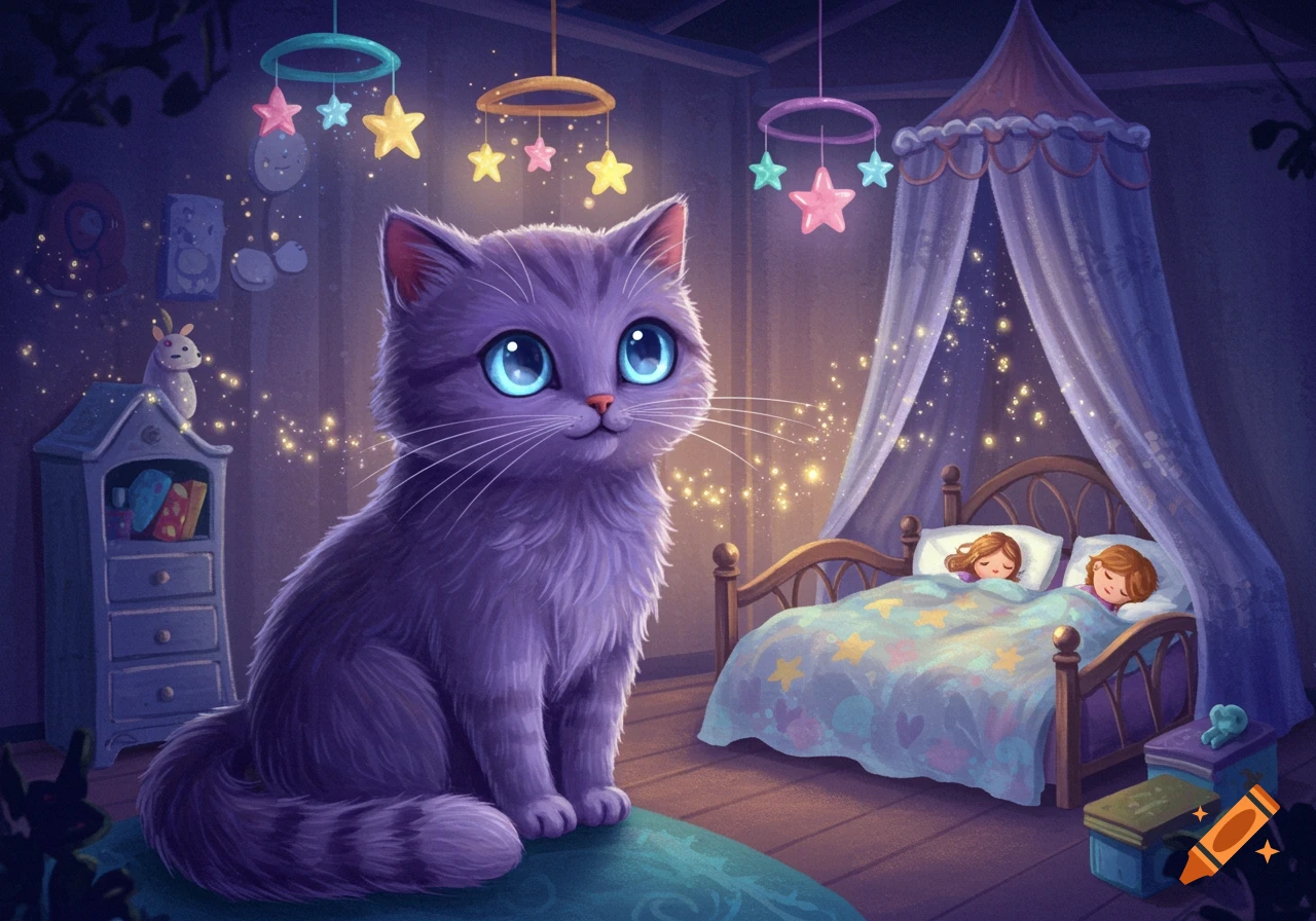 A fluffy purple cat with big blue eyes sits in a dark bedroom, watching over two sleeping children in a canopy bed under glowing fairy lights.