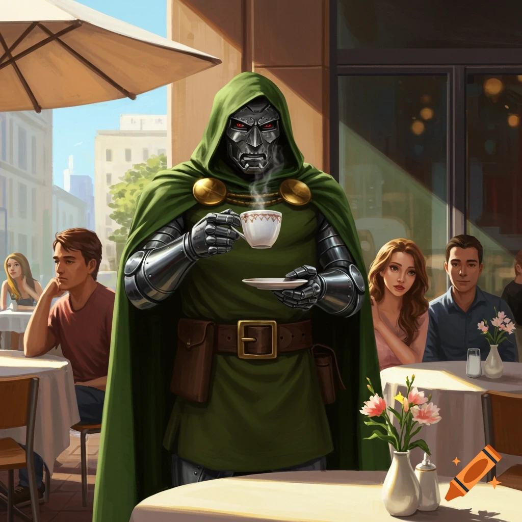 Doctor Doom in full armor and green cape sips coffee at an outdoor cafe, with other patrons in the background.