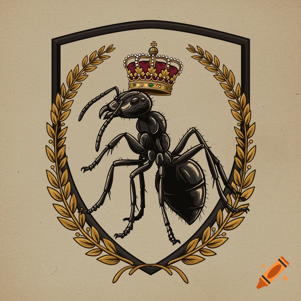 A stylized emblem featuring a black ant wearing a golden crown, set within a black shield outline encircled by a golden laurel wreath on a parchment-like background.