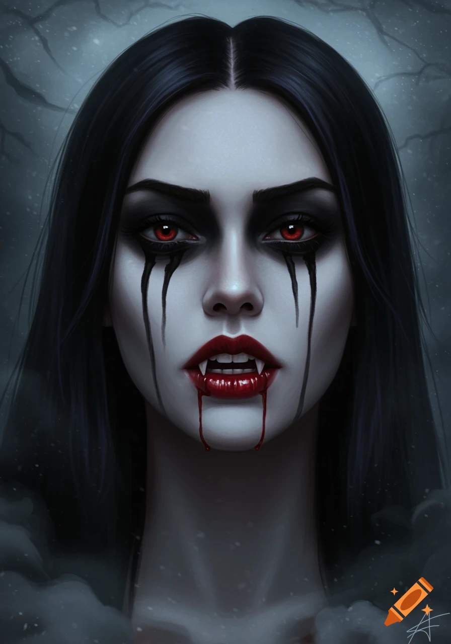 Close-up digital painting of a pale female vampire with black dripping eye makeup, red eyes, fangs, and blood dripping from her mouth.