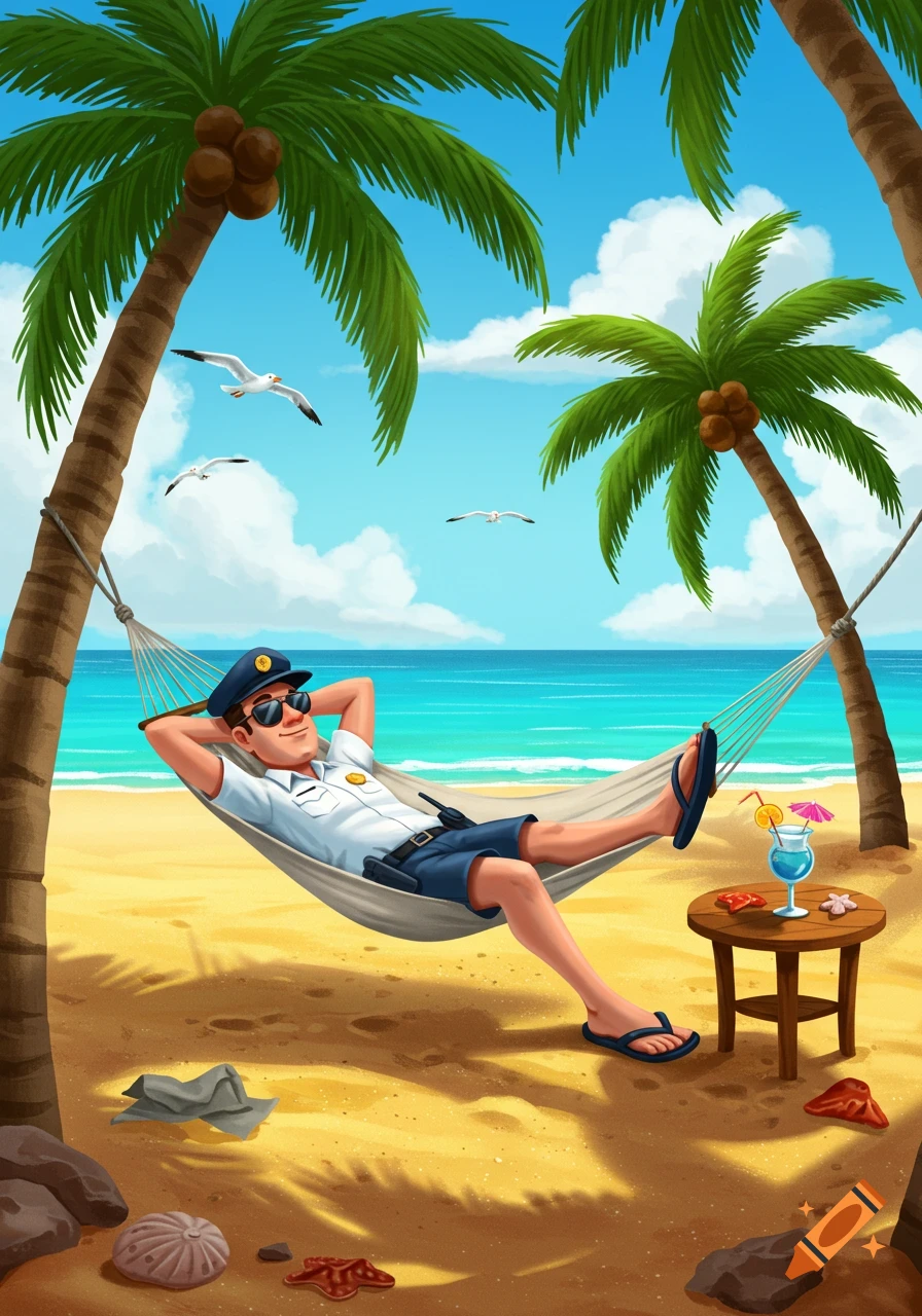 A cartoon police officer relaxing in a hammock on a sunny beach, with palm trees and seagulls flying overhead.