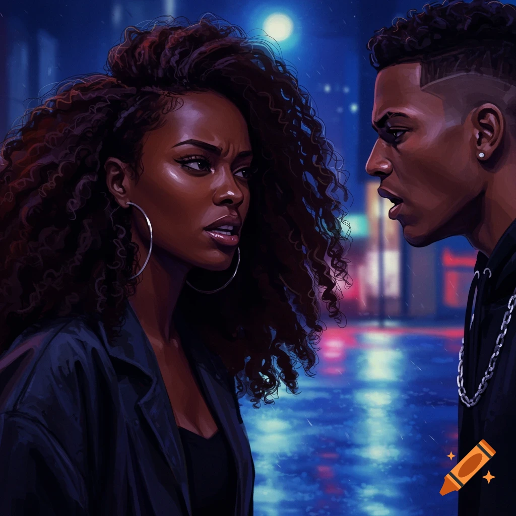 A digital art illustration of a Black woman with curly hair and a Black man with short hair, having a tense conversation in a rainy city at night.