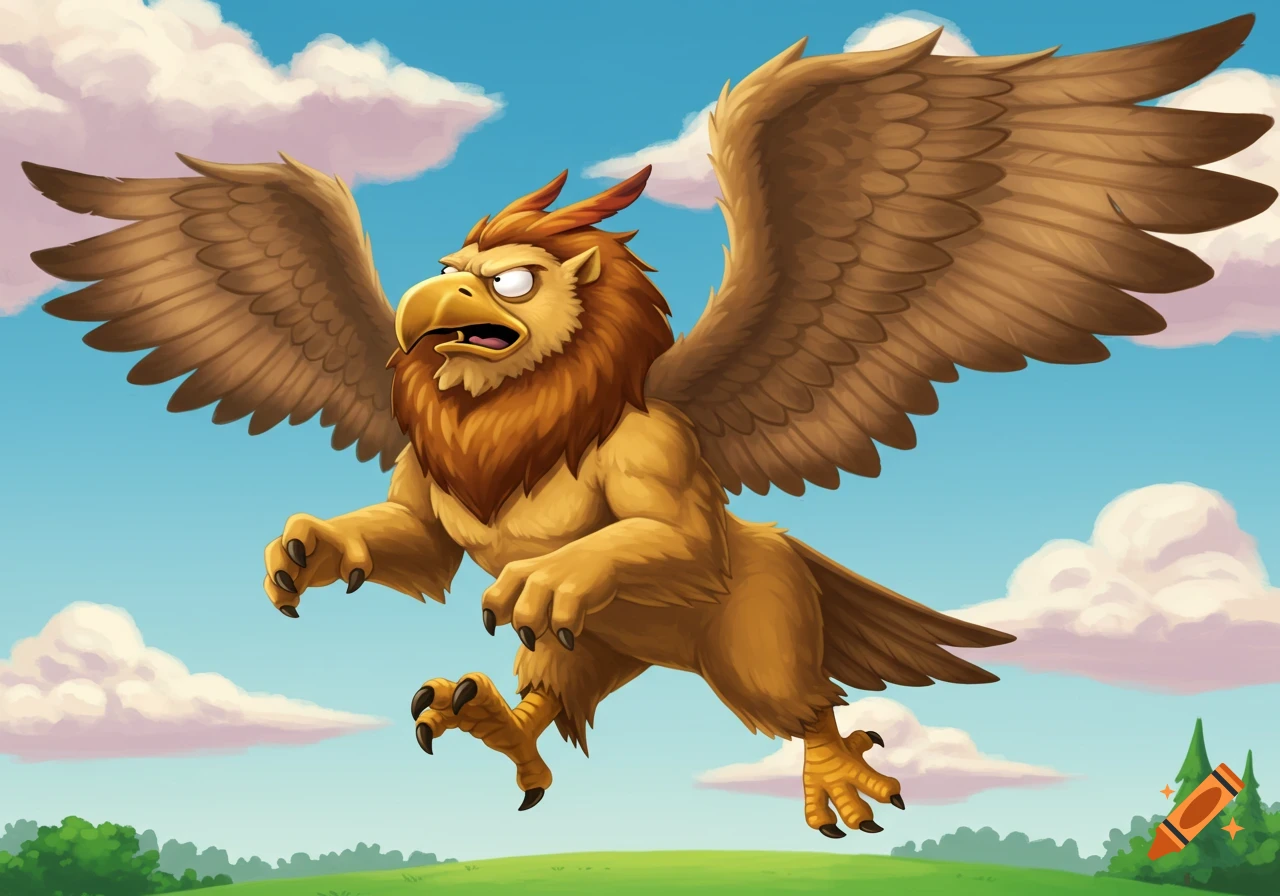 A cartoon gryphon with brown feathers and a yellow beak flies over a green landscape under a blue sky.