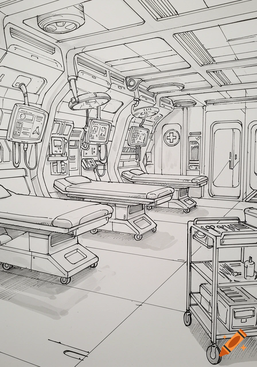 A detailed line drawing of a futuristic spaceship sick bay with medical beds and equipment.