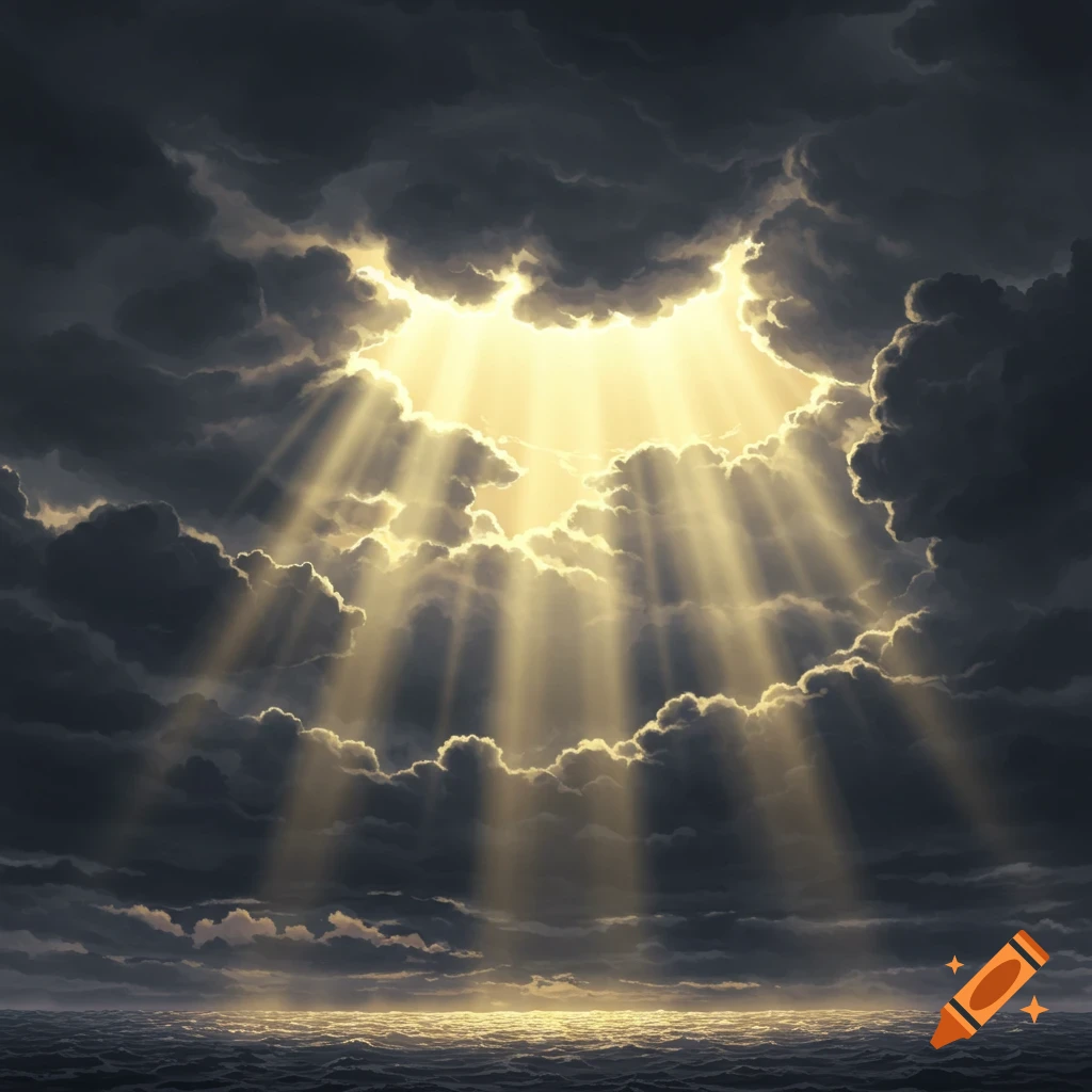 Dramatic dark clouds with golden sunbeams breaking through, shining onto a turbulent sea, in anime style.