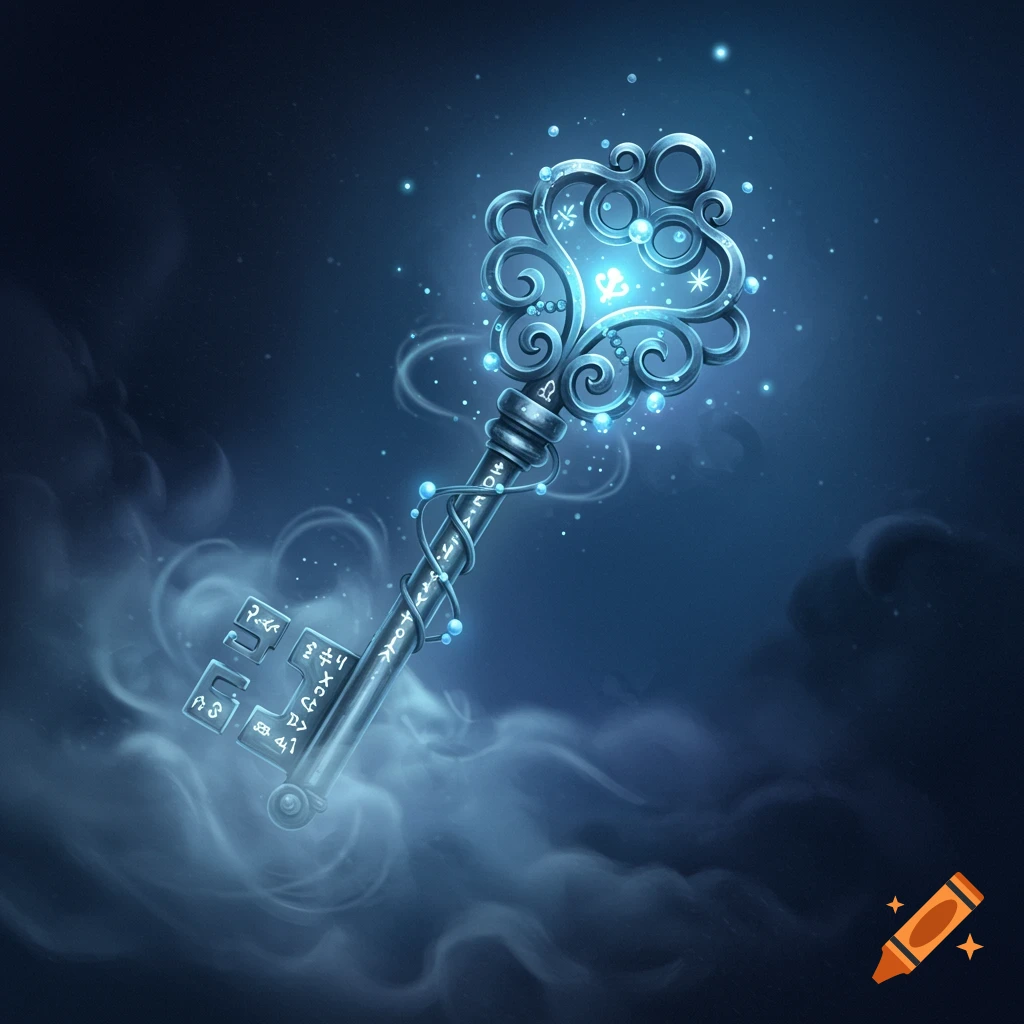 An ornate, glowing blue magical key floats amidst swirling mist and stars against a dark blue background, in a fantasy art style.