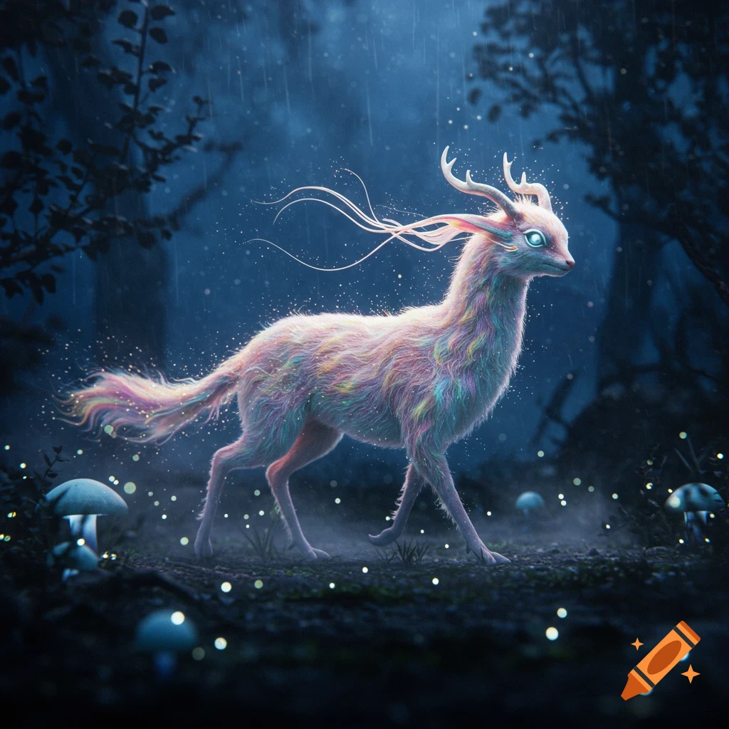 A vibrant, magical deer-like creature with glowing eyes and rainbow fur walks through a dark, rainy fantasy forest with glowing mushrooms.