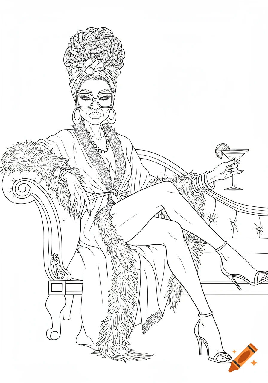 Black-and-white line art of a glamorous woman reclining on a chaise lounge, wearing a feather-trimmed robe, headscarf, sunglasses, and holding a cocktail.