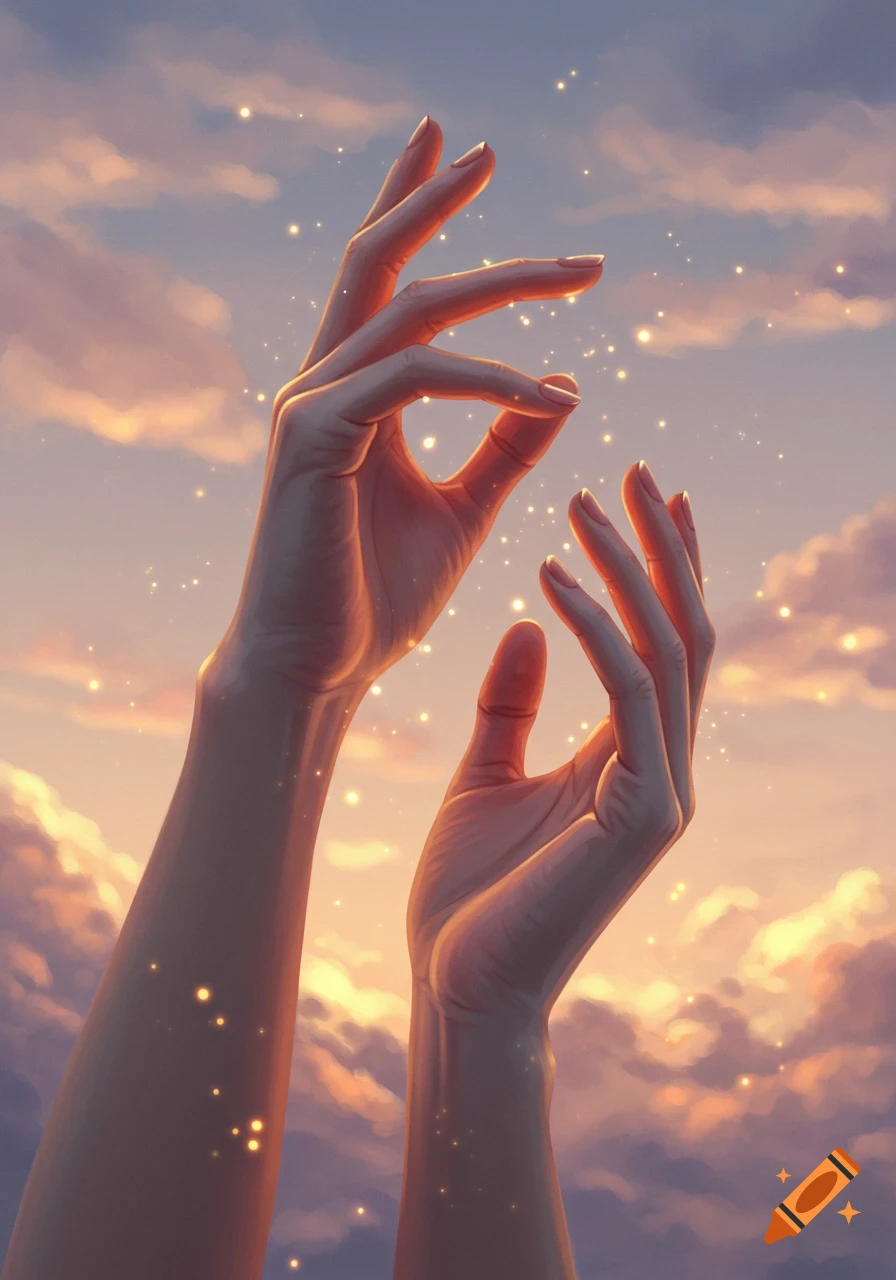 Two hands reaching up towards a painterly sky with warm clouds and shimmering golden light.