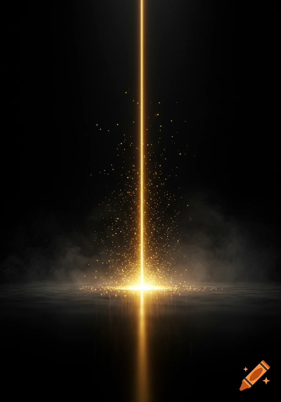 A vertical golden beam of light emanates from a glowing source on a dark, reflective surface, surrounded by sparkling particles and mist.