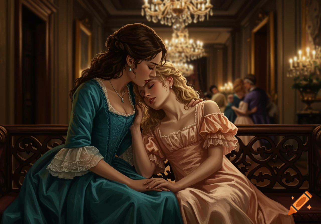 Two young women in elegant 18th-century dresses embrace on a bench in a grand hallway with chandeliers, one kissing the other's forehead.