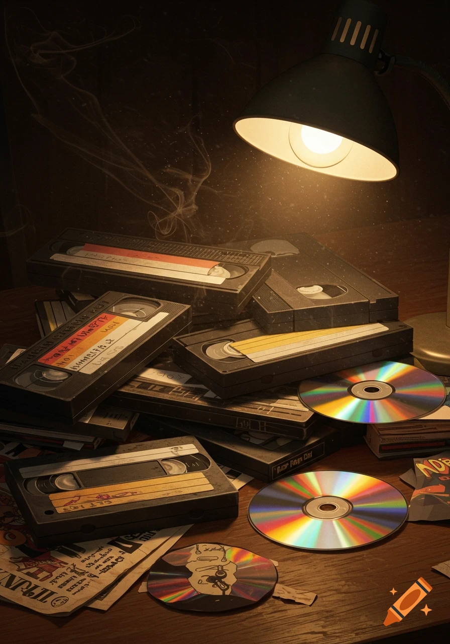 A dimly lit desk cluttered with stacks of old VHS tapes and shiny CDs, illuminated by a warm desk lamp.
