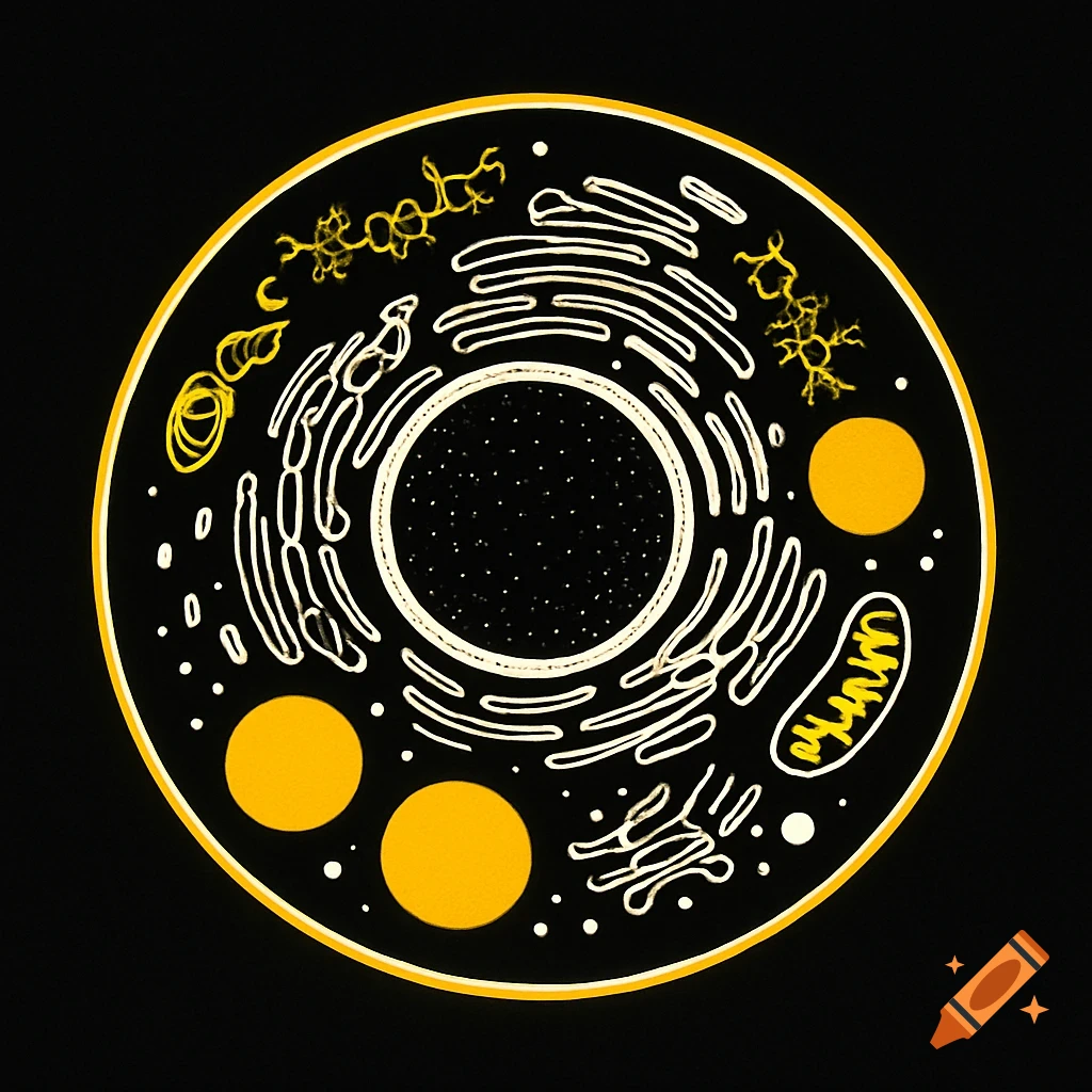 A stylized circular diagram of a mammalian cell with a black background. Cell membrane and some internal components are highlighted in yellow, while other organelles are outlined in white.