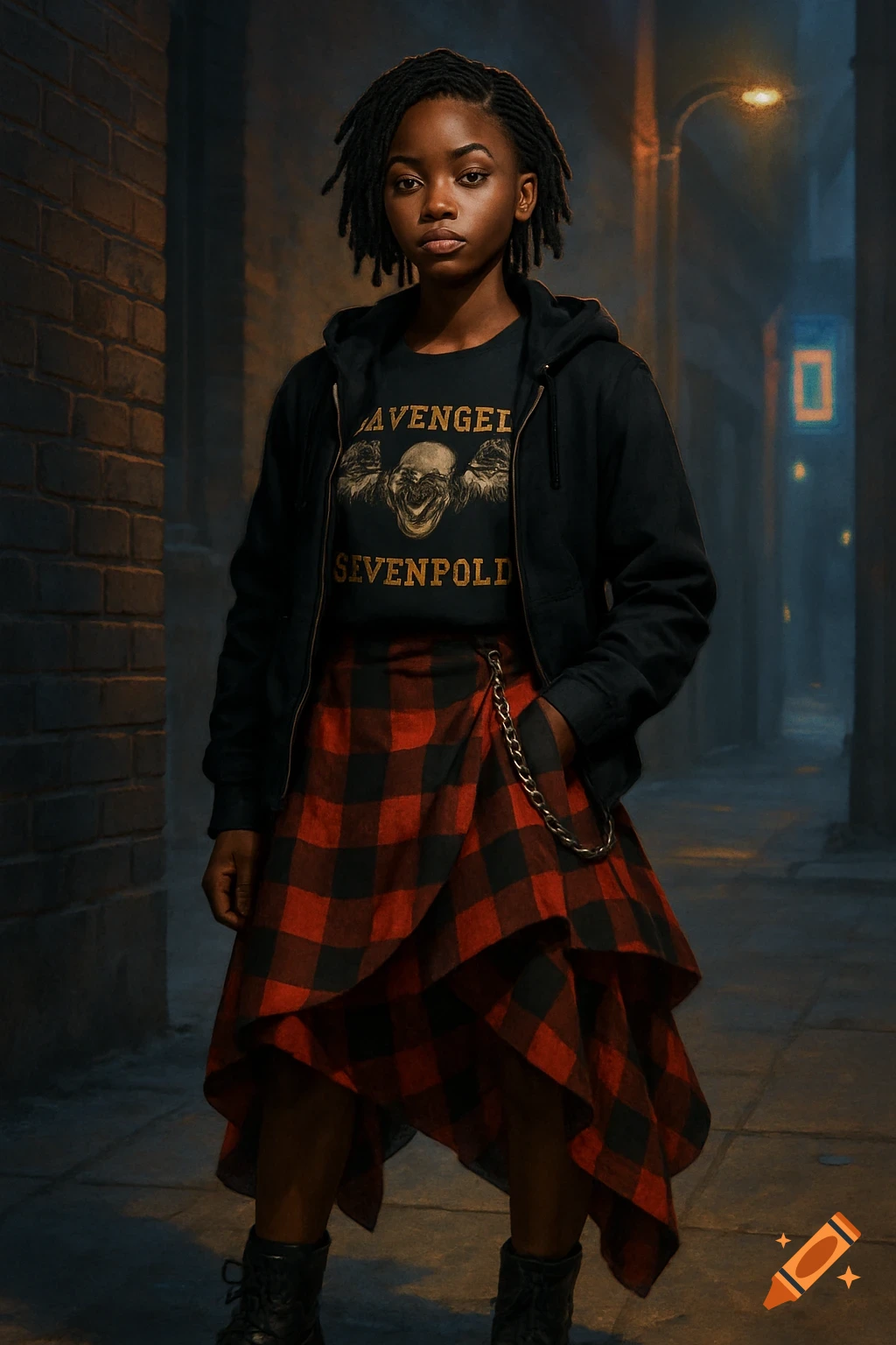 Photorealistic portrait of a young black woman with dreadlocks, wearing a black hoodie, band shirt, red plaid skirt, and combat boots, standing in a dim alley.