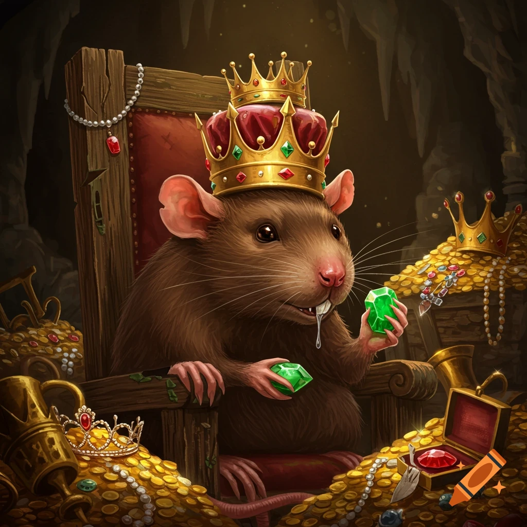An anthropomorphic rat king sits on a wooden throne, wearing gold crowns and drooling over piles of treasure and emeralds in a dark cave.