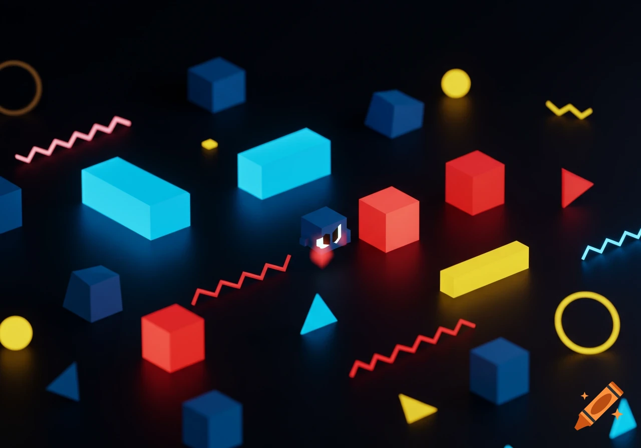 A dark abstract background with glowing neon geometric shapes including cubes, rectangles, triangles, circles, and zigzag lines, and a small pixelated character with glowing eyes.