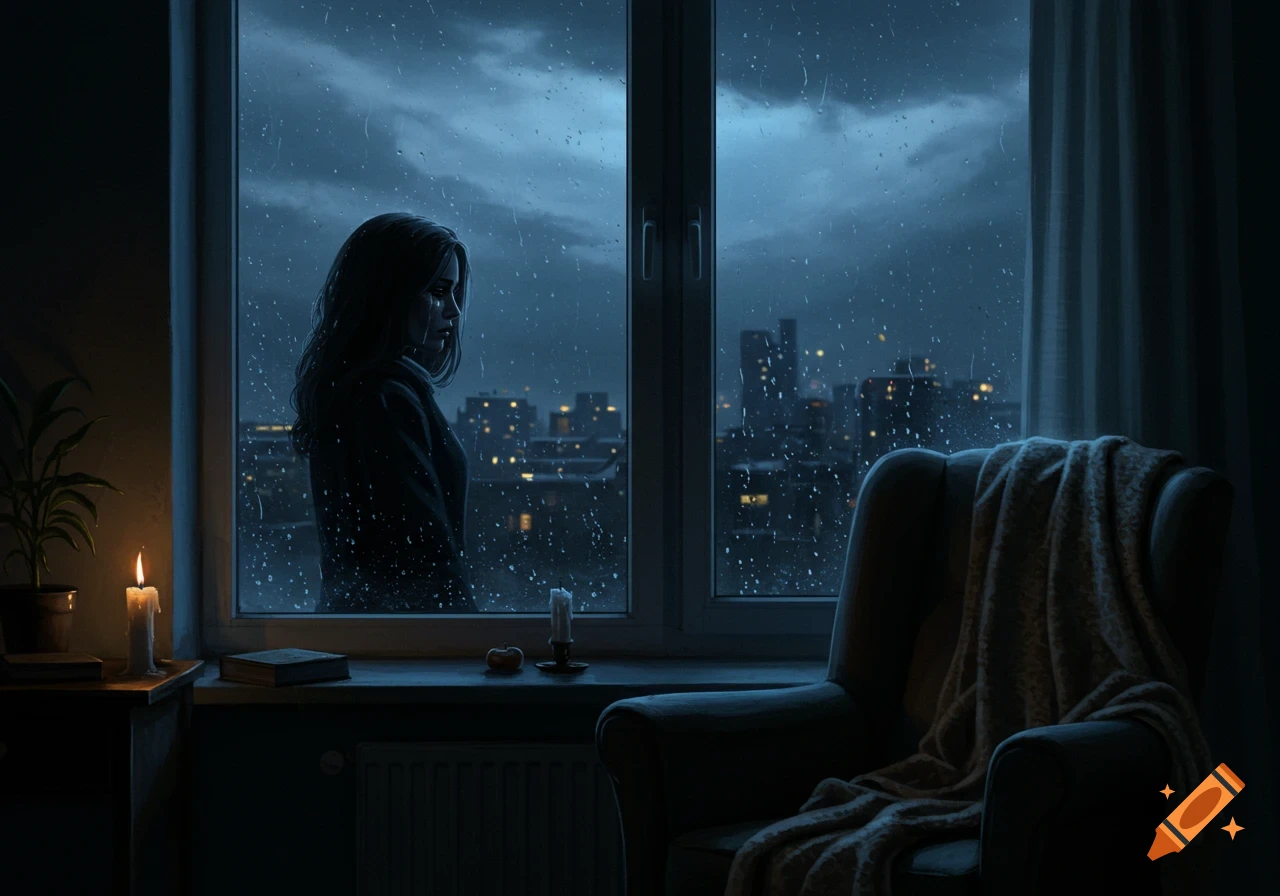 A woman with tears looking out a rainy window at a dark city skyline, with candles and an armchair in the foreground.