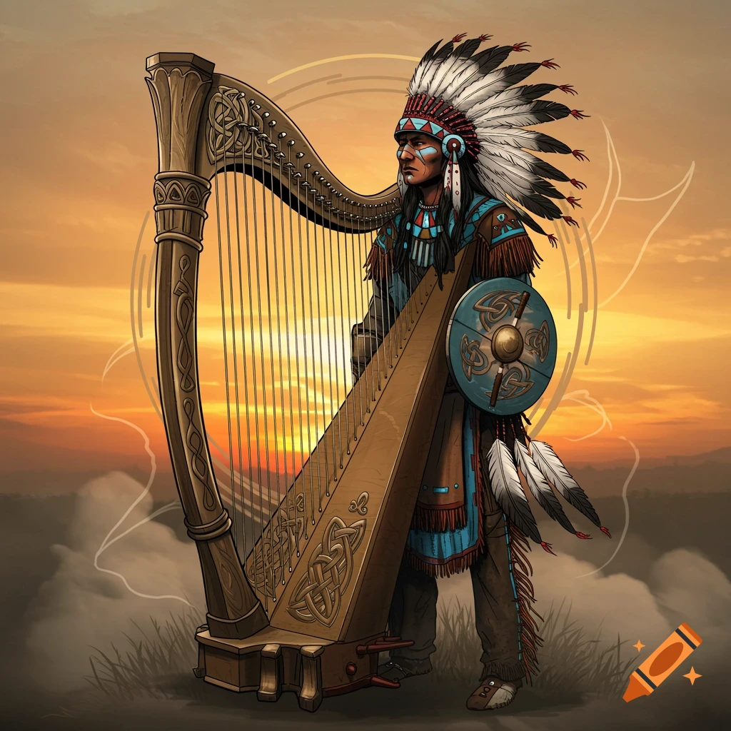 A person in Native American attire and feathered headdress stands next to an ornate Irish harp, holding a shield, at sunset.
