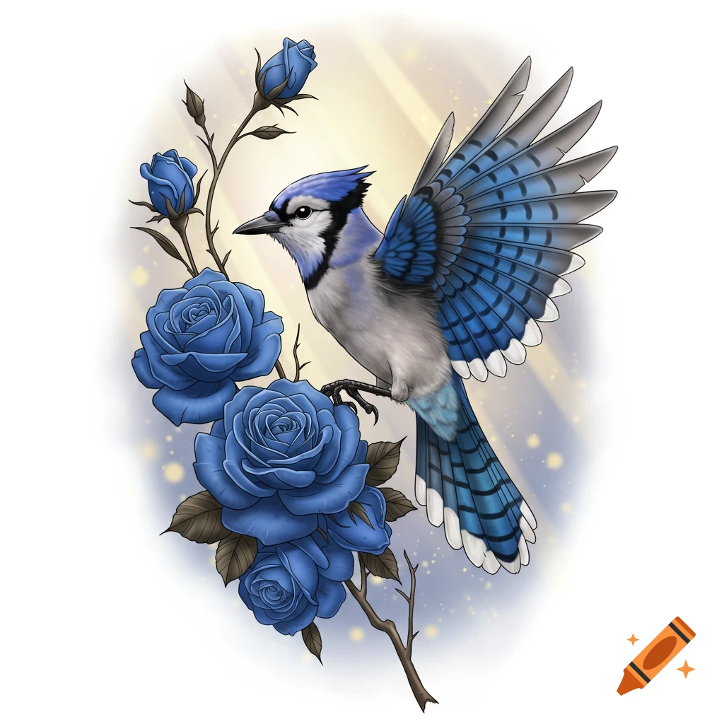 An illustration of a blue jay with outstretched wings next to blue roses on a branch, against a light background.