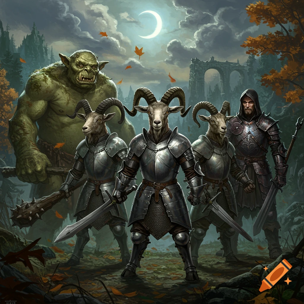 A large green troll, three armored goat-headed warriors, and a hooded knight stand in a dark, moonlit fantasy forest with ruins.