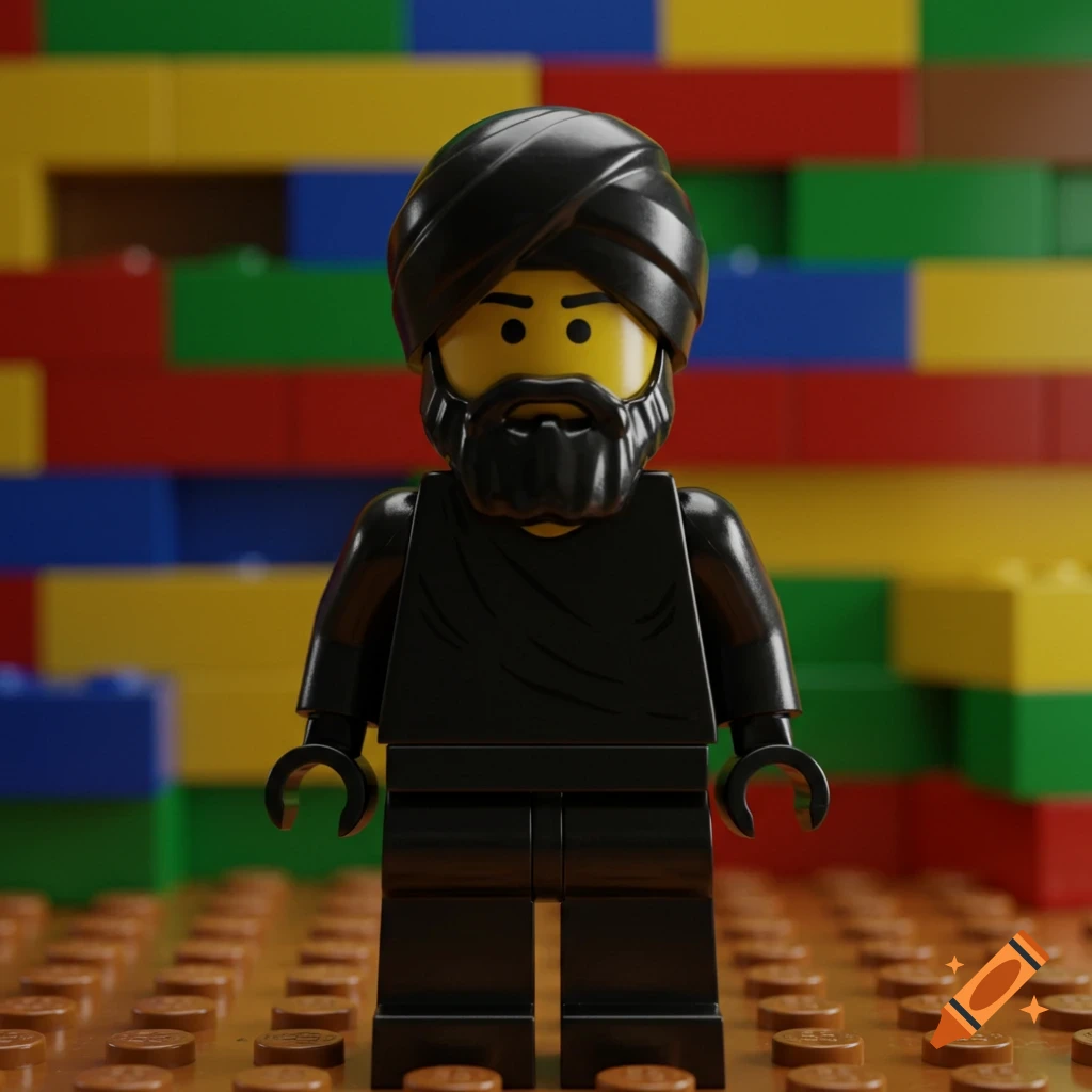 A black Lego minifigure with a yellow head, black beard, and black turban stands against a colorful Lego wall.