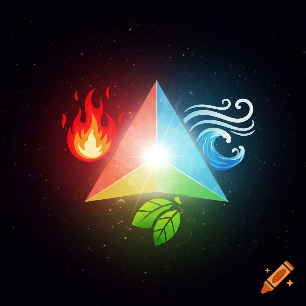 A stylized colorful tetrahedron with elemental icons (fire, water, leaves, wind) on a starry background, converging on a bright center.