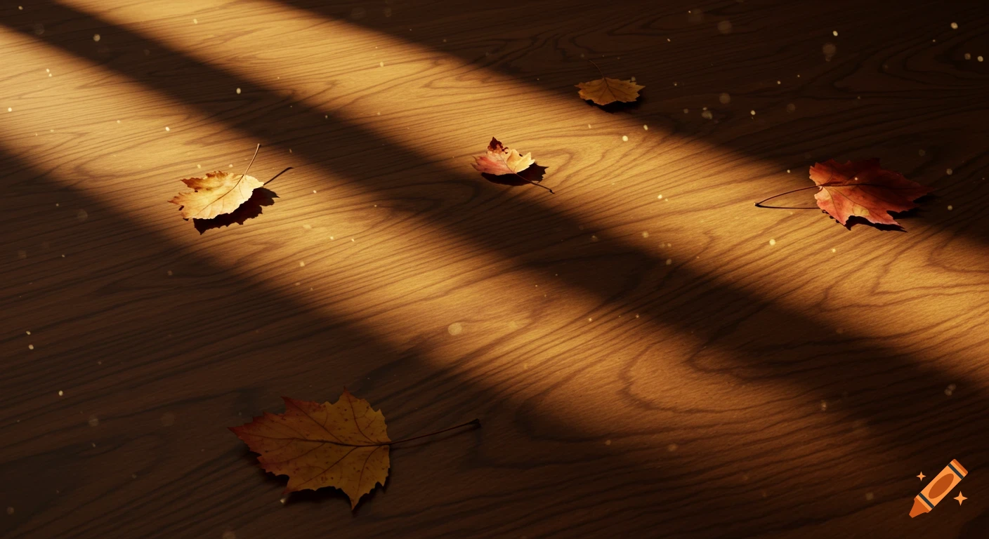 Close-up of fallen autumn leaves on a warm wooden floor, illuminated by rays of sunlight with visible dust particles.