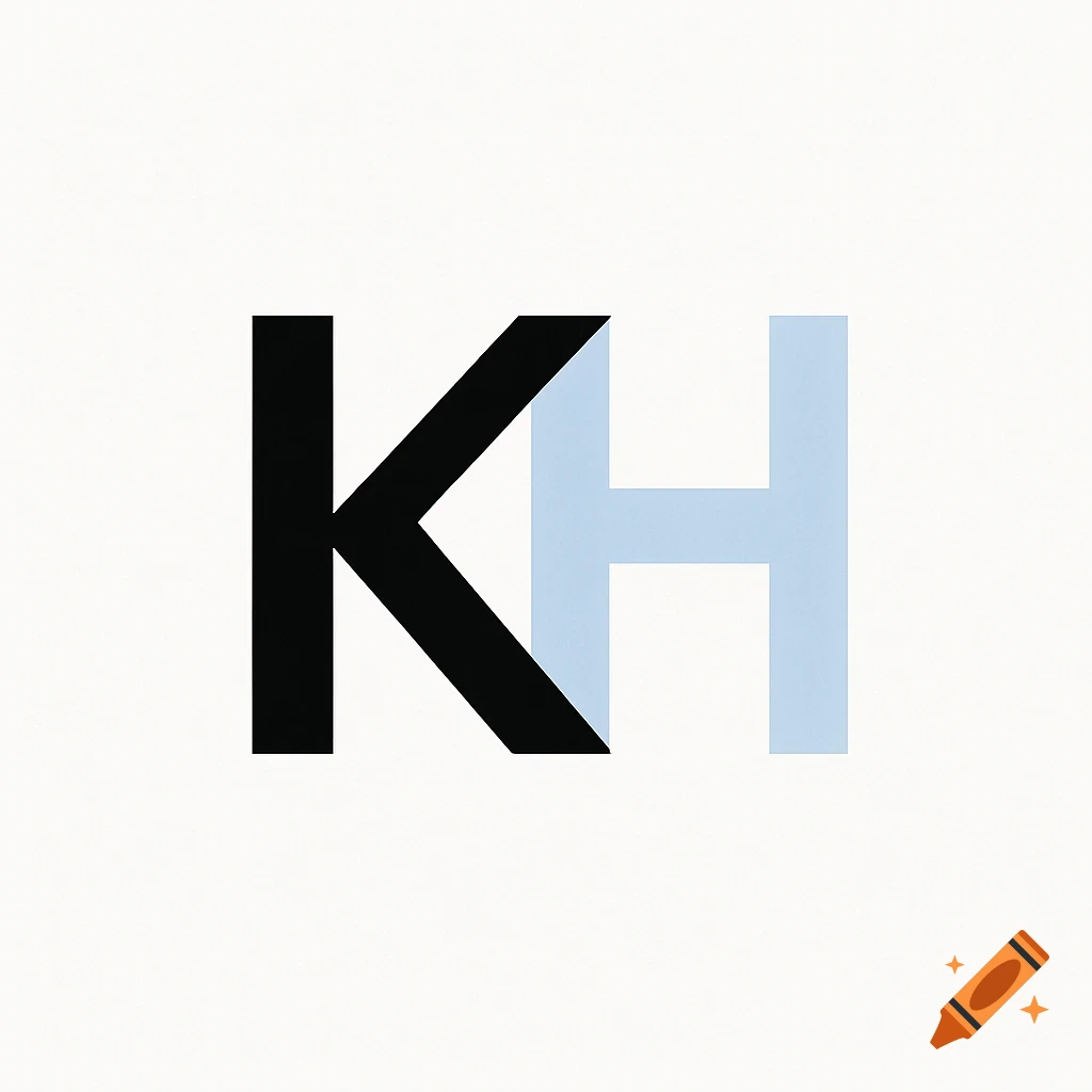 A minimalist logo featuring a black letter K and a light blue letter H, subtly overlapping on a white background.