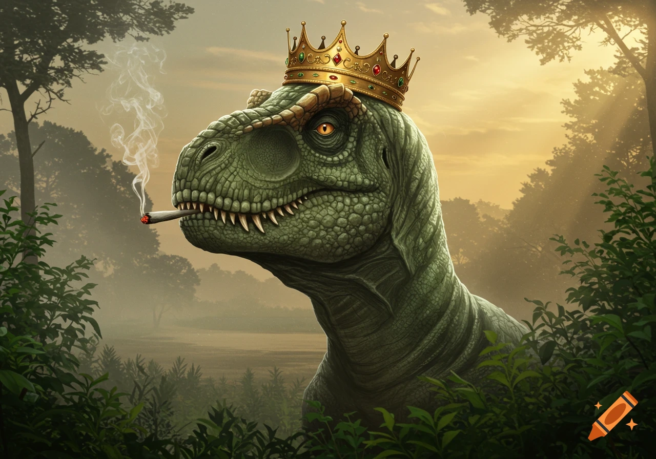 A green T-Rex wearing a golden crown smokes a blunt in a misty forest at sunset, digital painting style.