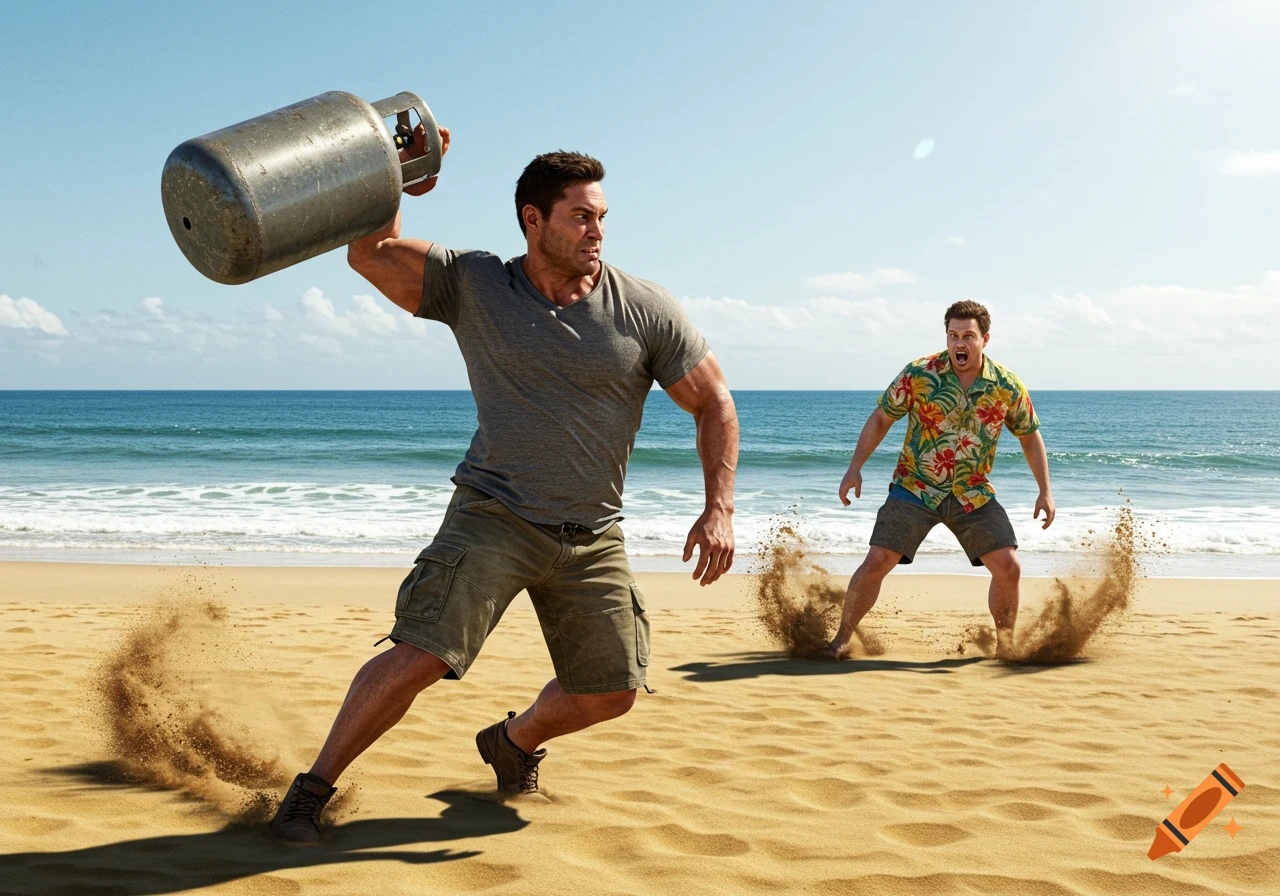 A muscular man on a sunny beach prepares to throw a propane tank while another man reacts with a shocked expression, sand flying.
