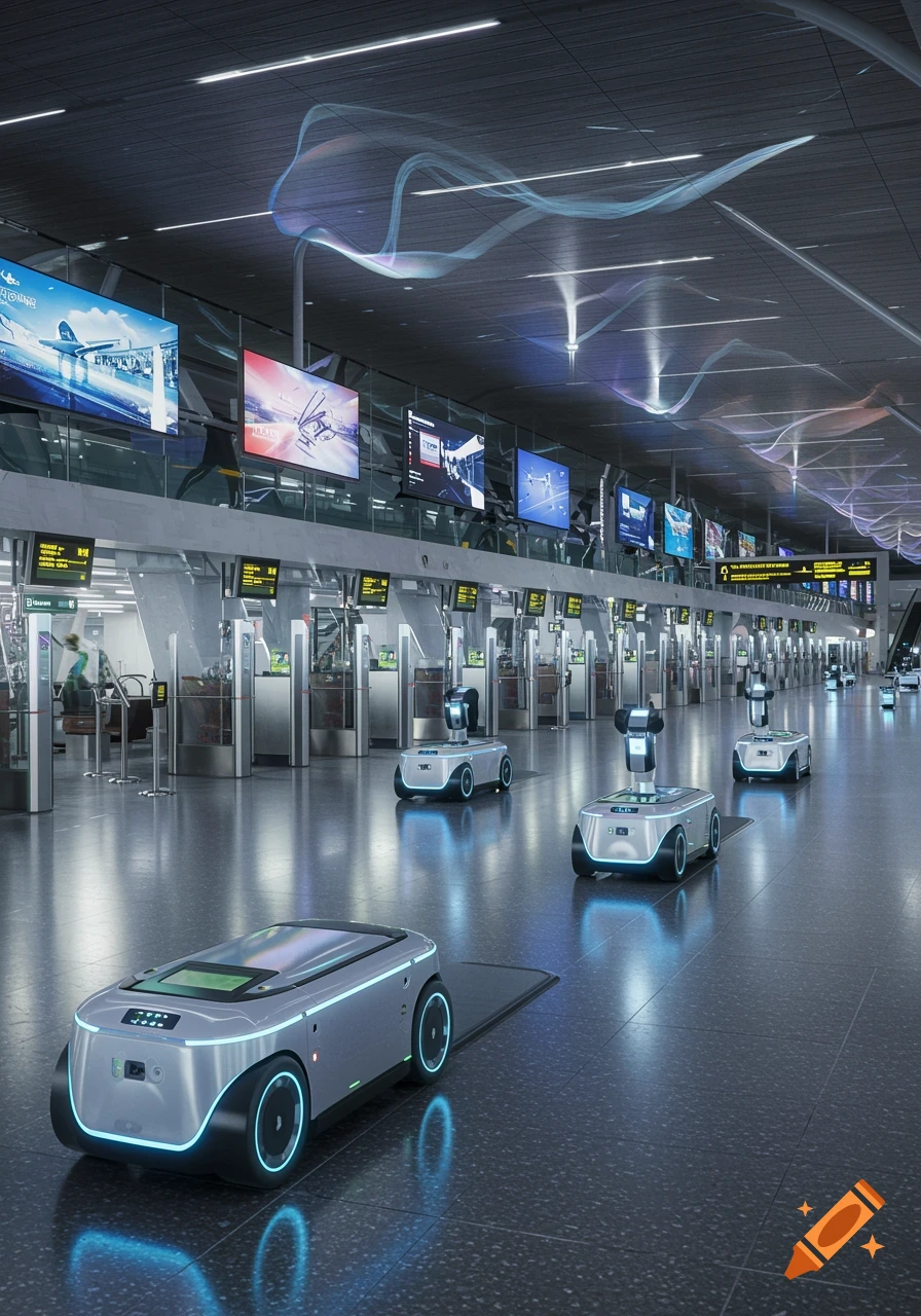 An airport terminal with multiple futuristic, sleek robots moving along the floor, past immigration gates and large digital display screens.