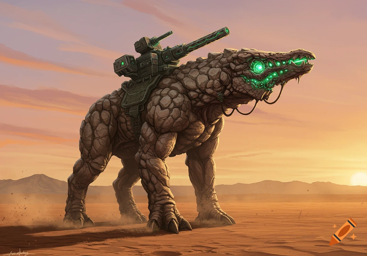 A massive, rocky quadrupedal creature with glowing green eyes and a large biological cannon on its back stands in a vast desert at sunset.