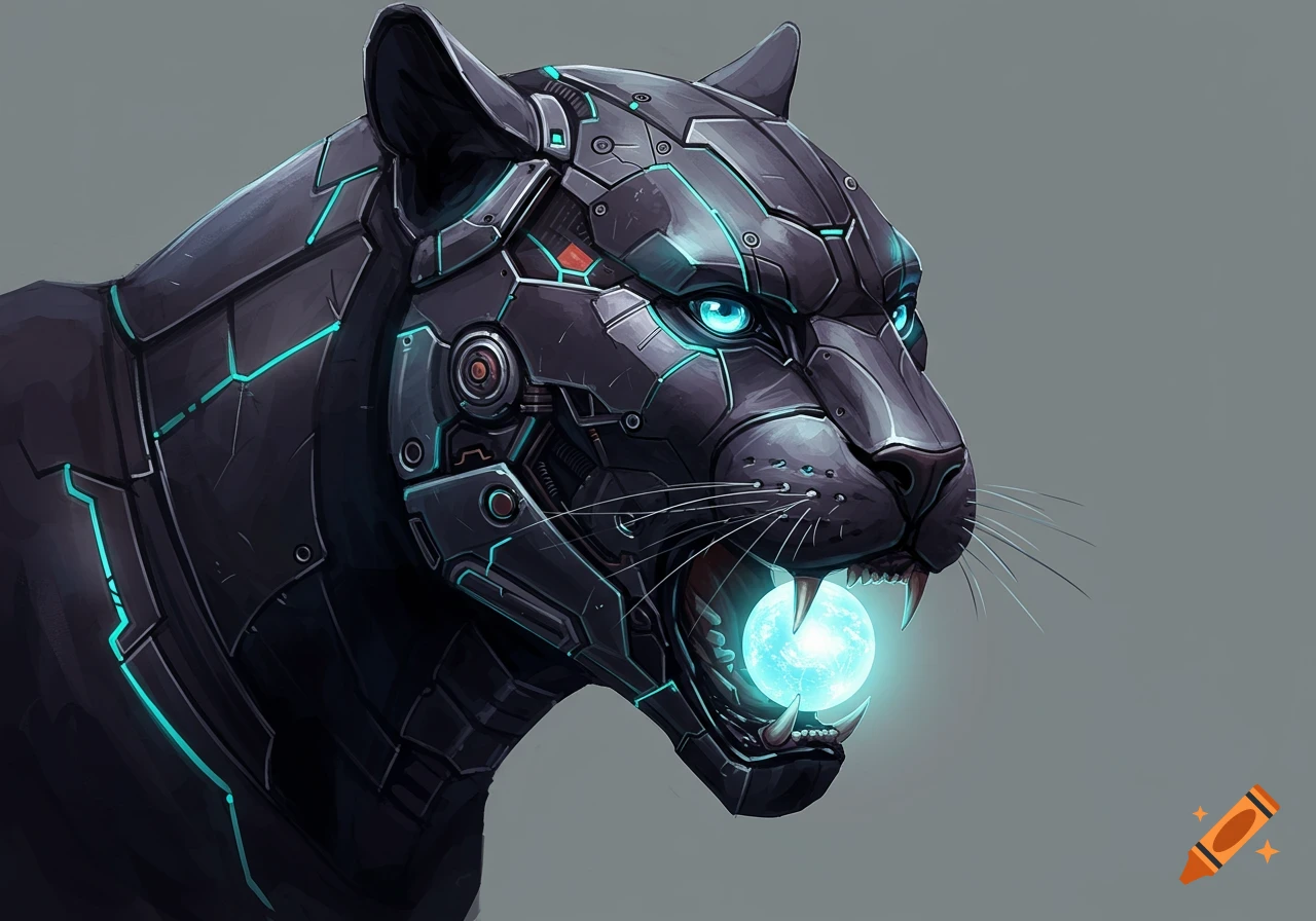 A close-up of a biomechanical panther head with glowing blue eyes and a glowing blue orb in its mouth, against a plain background.