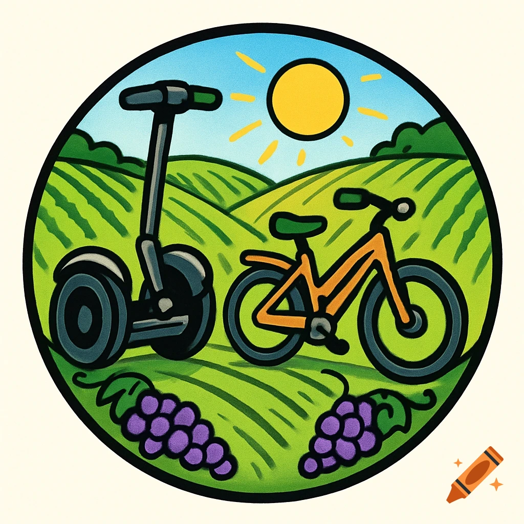 A cartoon circular logo featuring a Segway and an orange bicycle in a green vineyard with two bunches of purple grapes, under a sunny blue sky.