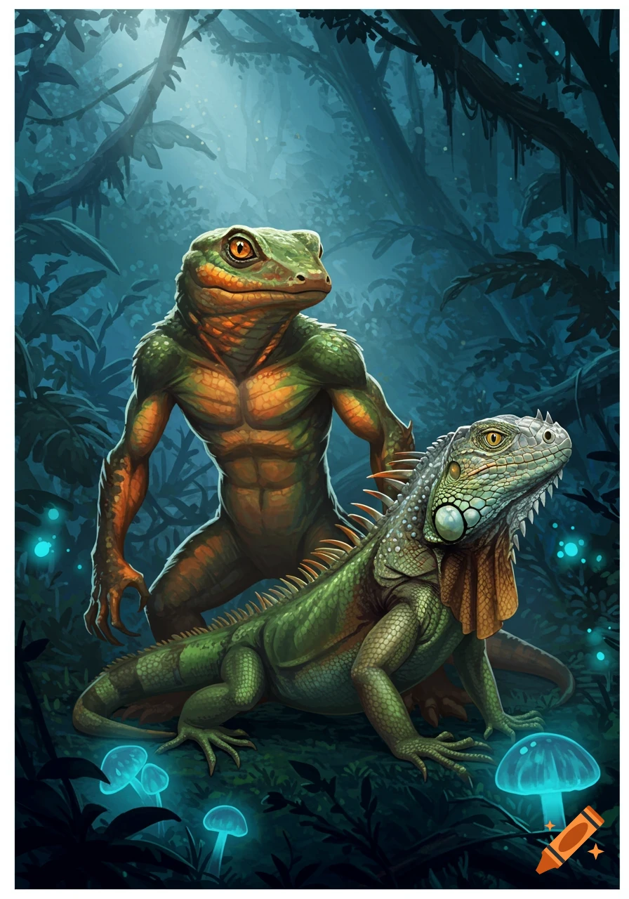A muscular green bipedal lizard creature stands behind a large iguana in a glowing jungle at night, digital art.