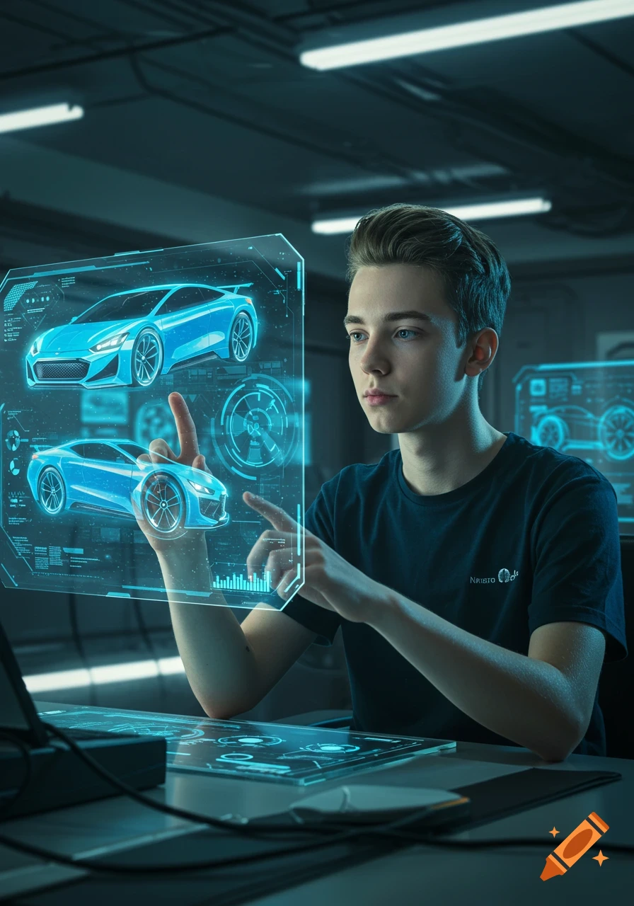A young person interacts with holographic blue car designs and data interfaces in a futuristic setting.