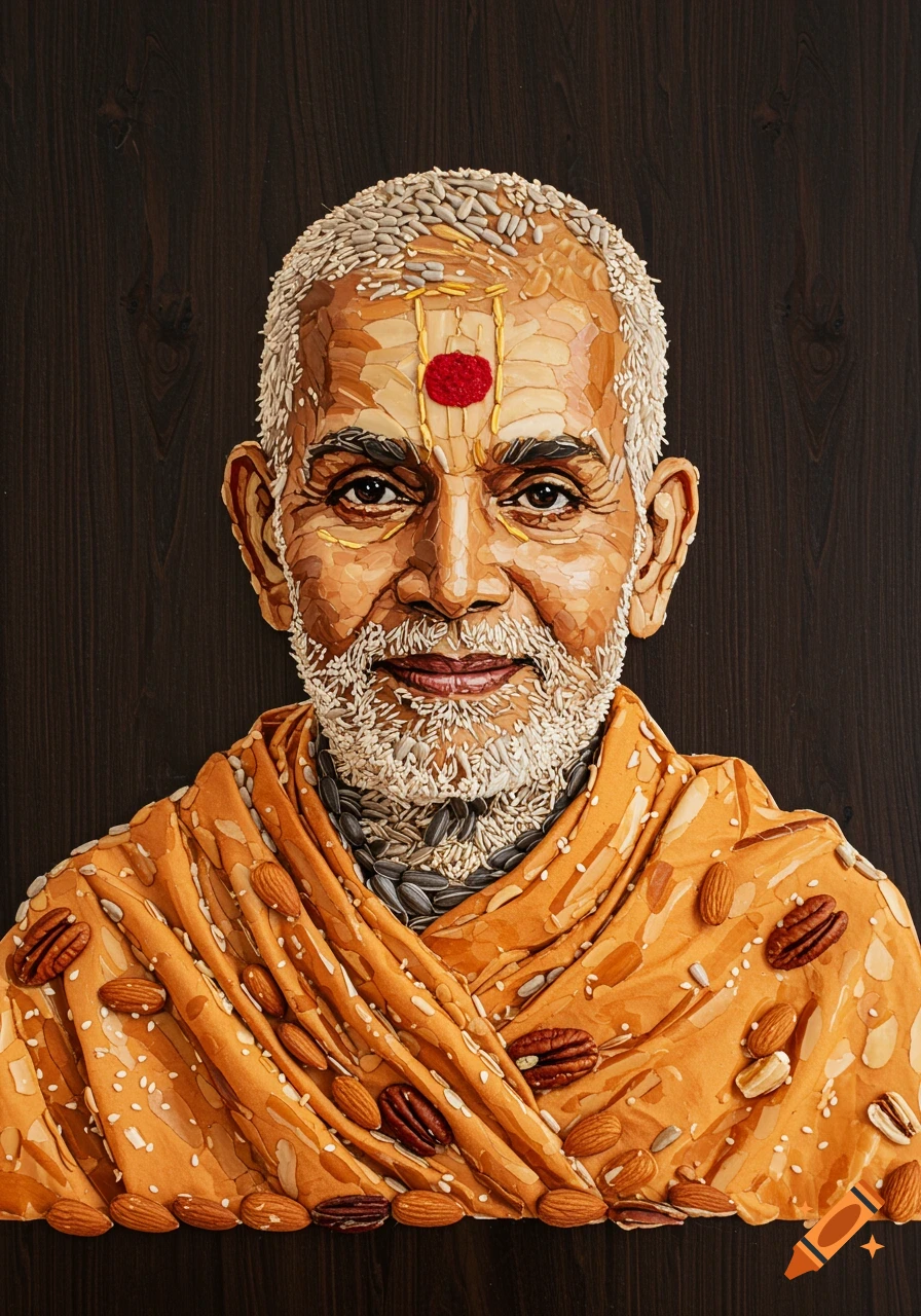 A detailed portrait of Pramukh Swami Maharaj made entirely from various nuts and seeds, set against a dark wooden background.