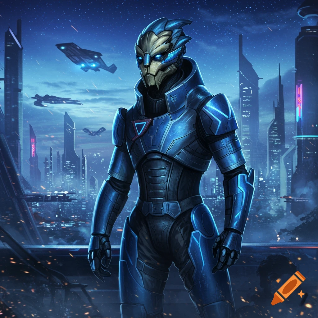 A blue and grey armored alien character with glowing eyes stands in a futuristic city with flying vehicles under a starry sky. Digital art.