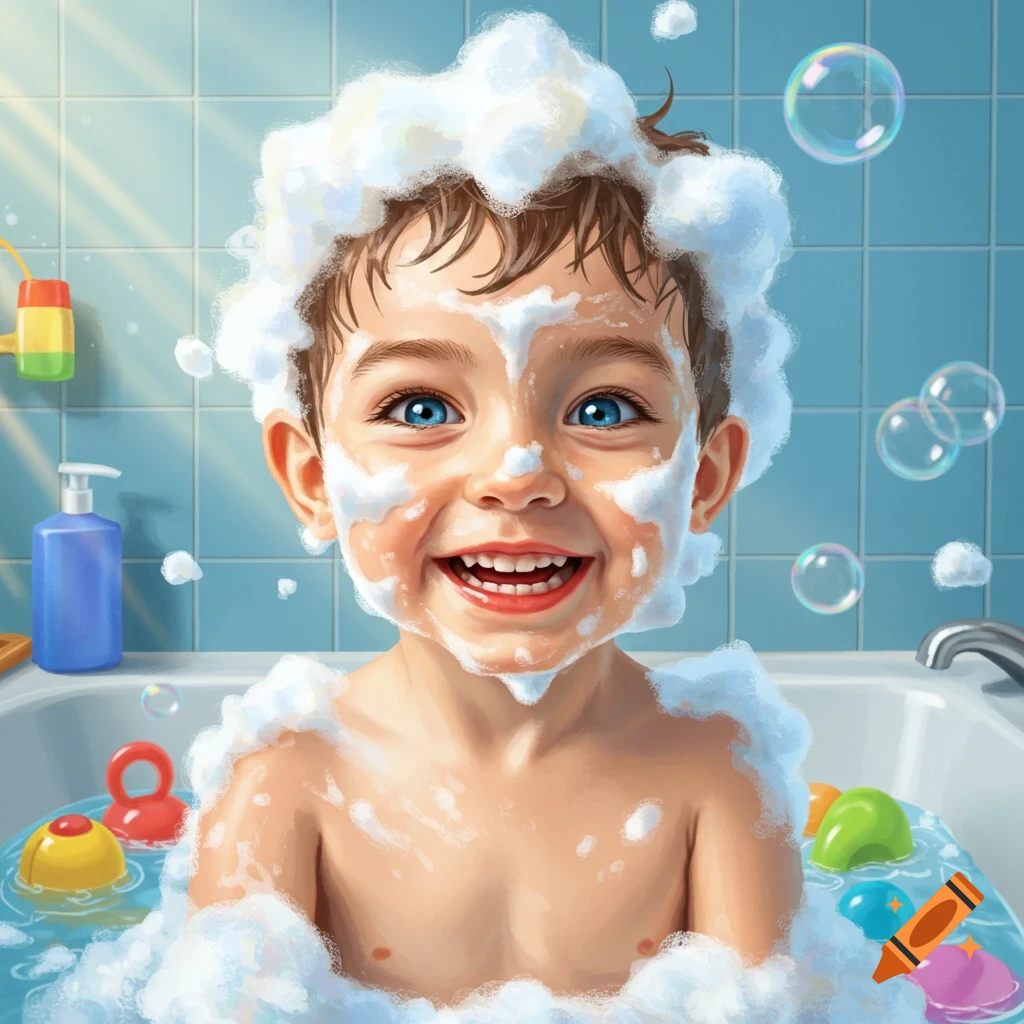 Happy young boy with blue eyes smiling in a bathtub, covered in white soap bubbles.