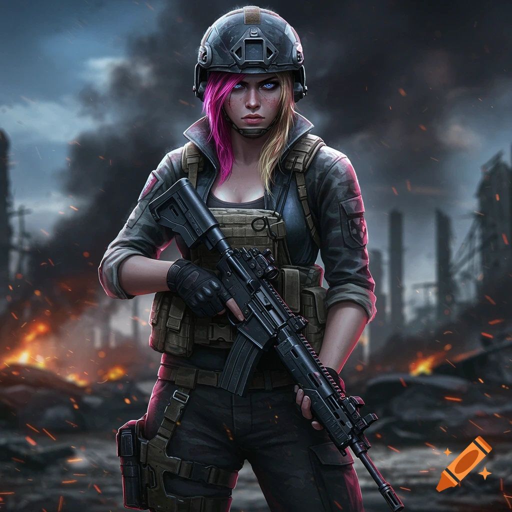 A female soldier with pink and blonde hair and blue eyes, wearing camouflage, holding a rifle in a destroyed, smoky city.