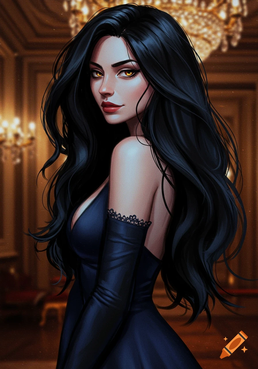 Digital art portrait of an elegant woman with long black hair, yellow eyes, and a dark blue dress, looking back over her shoulder in a grand interior.
