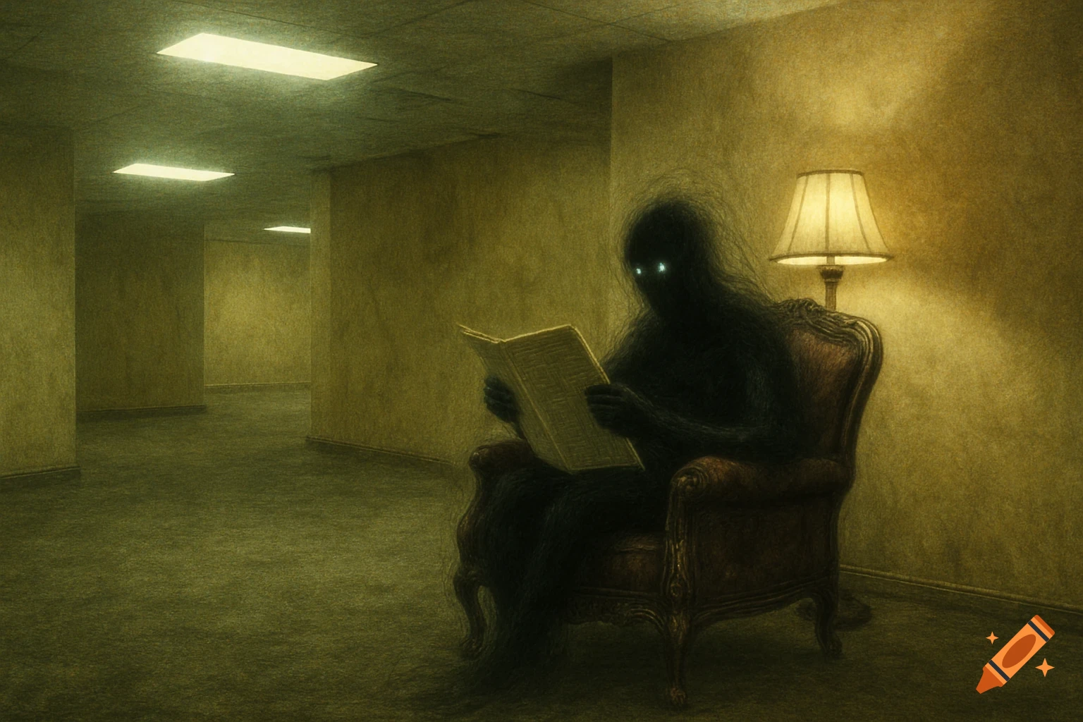 A shadowy, dark entity with glowing eyes sits in an armchair, reading a book in a creepy, yellow-green liminal room.