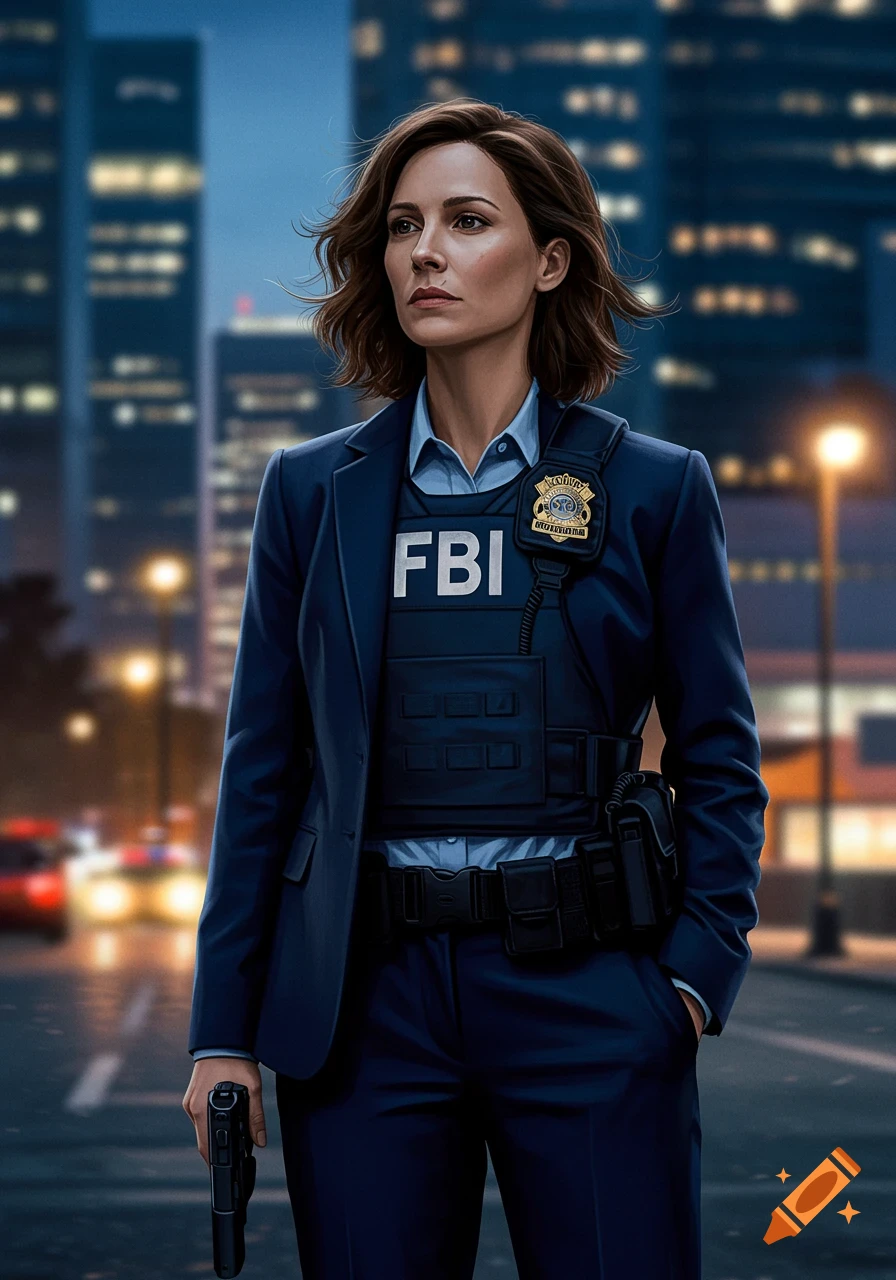 A photorealistic image of a female FBI special agent standing tall, holding a handgun, on a city street at night.